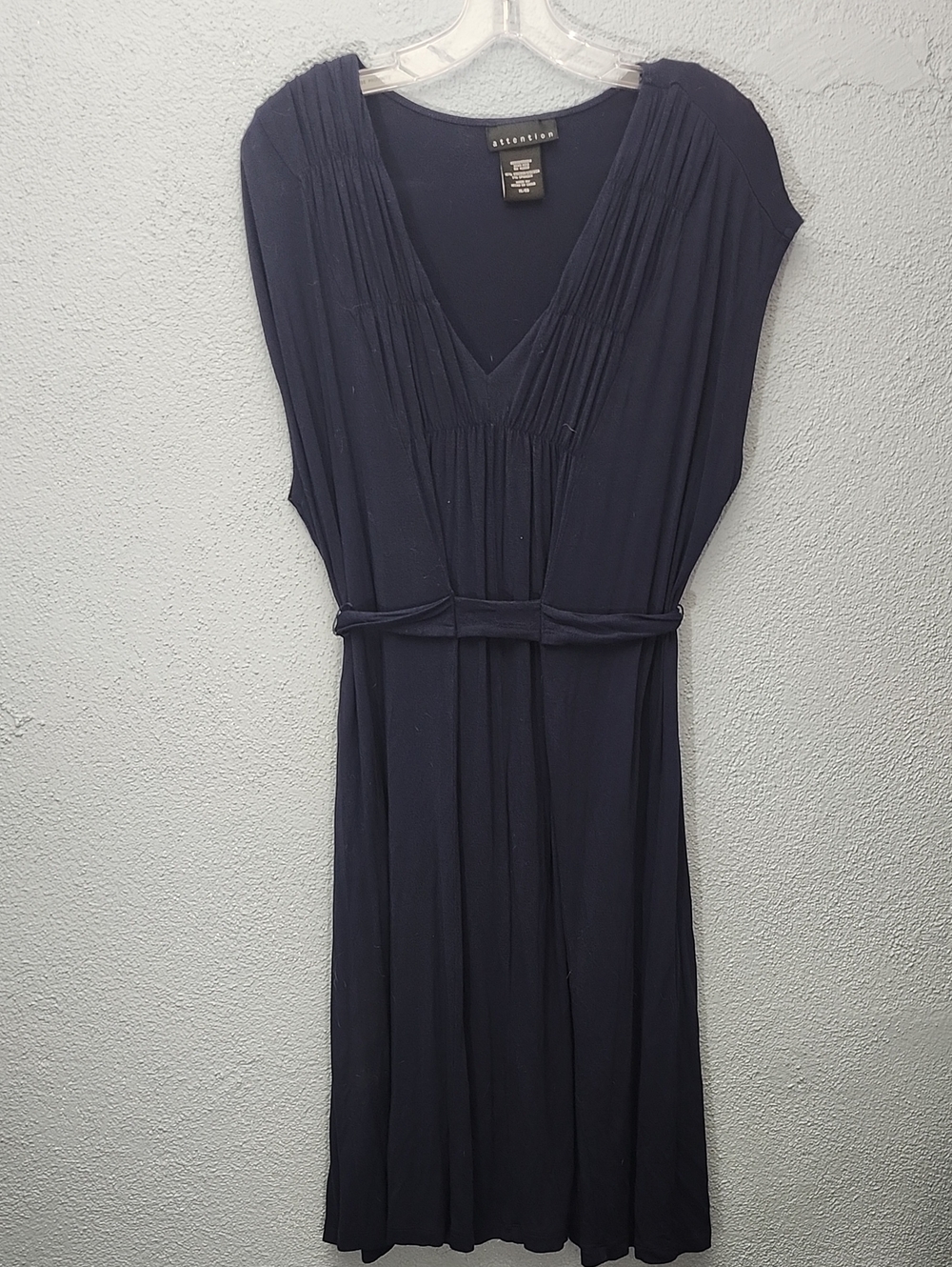 attention Navy V‑Neck Pleated Midi Dress with Self Tie